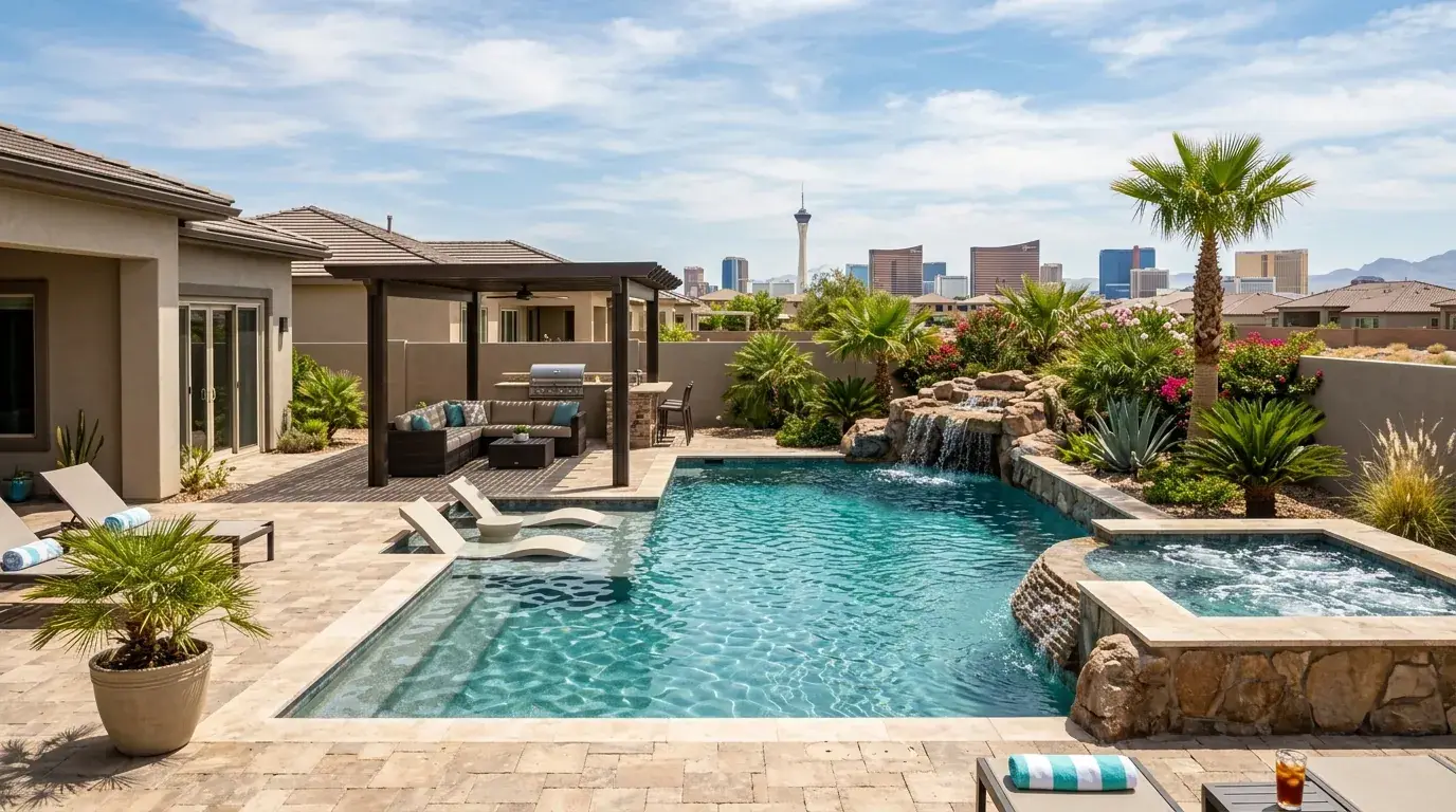 Backyard swimming pool at a Southern Nevada Leak Detection project